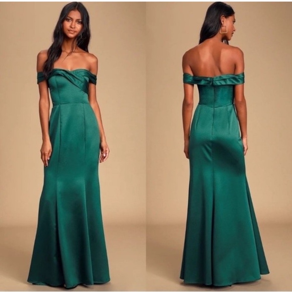 NWT Lulus Adored Forever Emerald Green Satin Off-the-Shoulder Maxi Dress